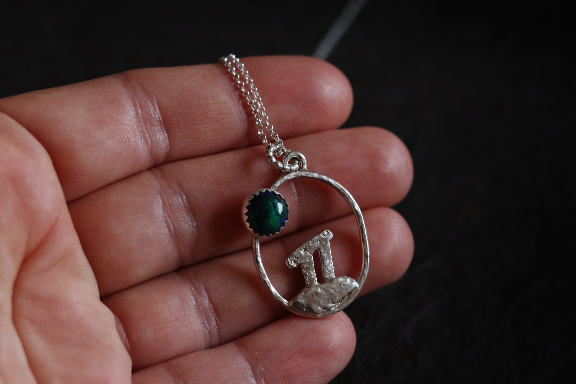 Dolmen III - Sterling Silver and Fine Silver Necklace with Azurite and Malachite