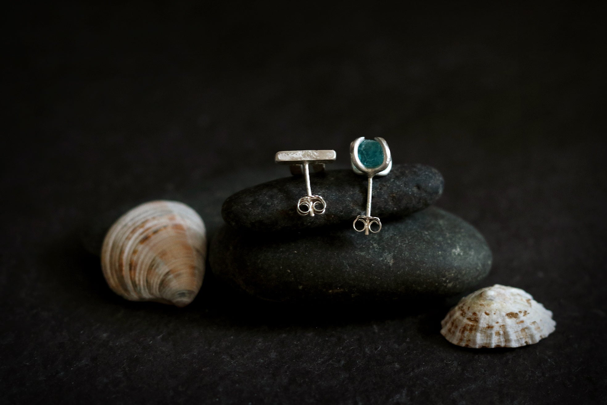 Standing Stone and Apatite - Mismatched Sterling Silver and Gemstone Stud Earrings