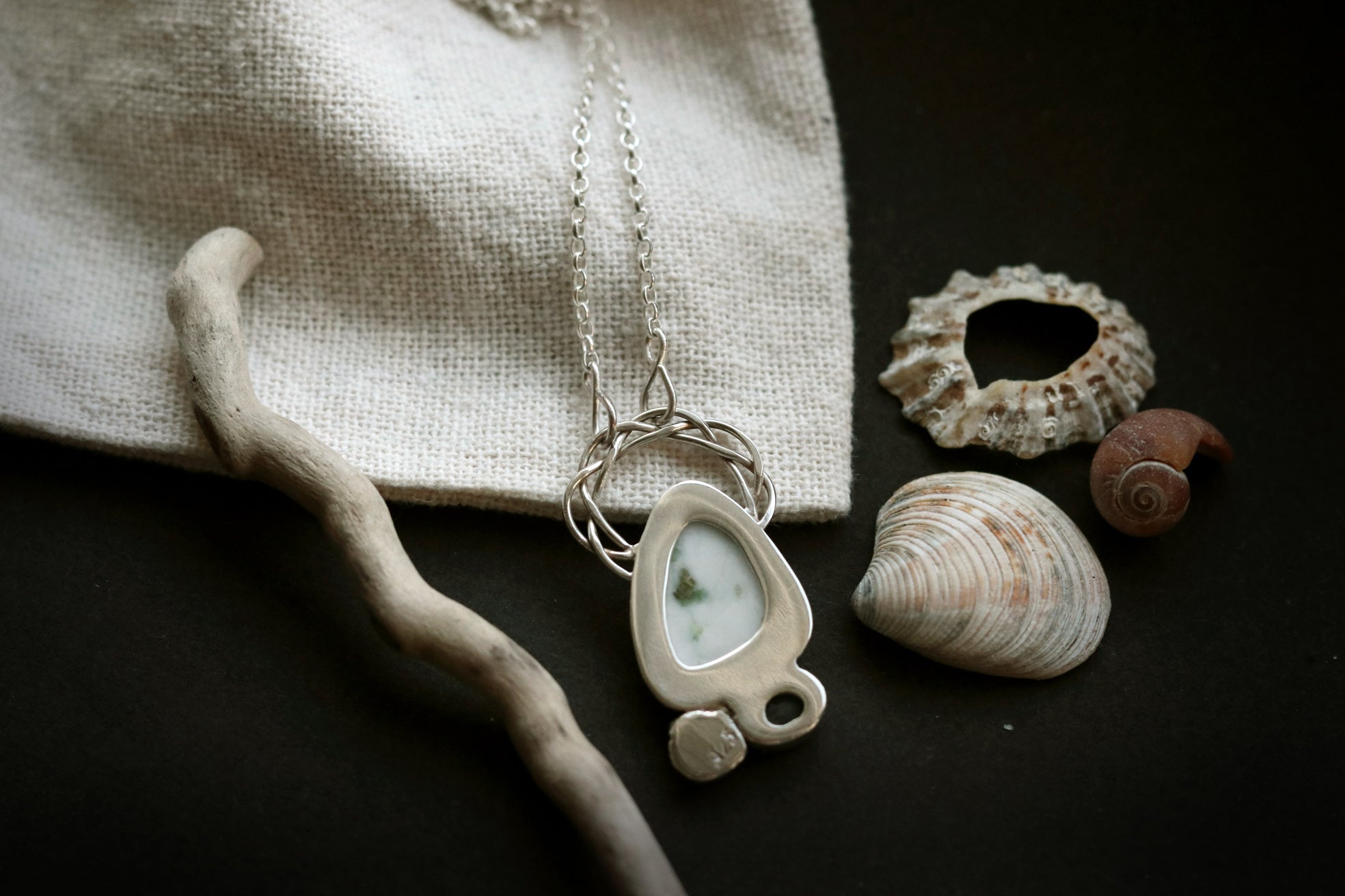 "Celtic Connections" - Sterling Silver Triskele Necklace with Iona Marble and Irish Sea Glass